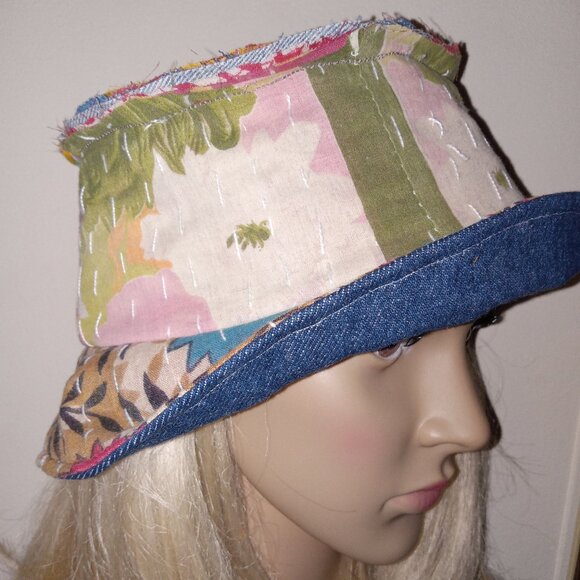 Kantha & Denim Bucket Hat Reversible Green Marigold Red Black Handmade BHAT8. - Picture 4 of 8